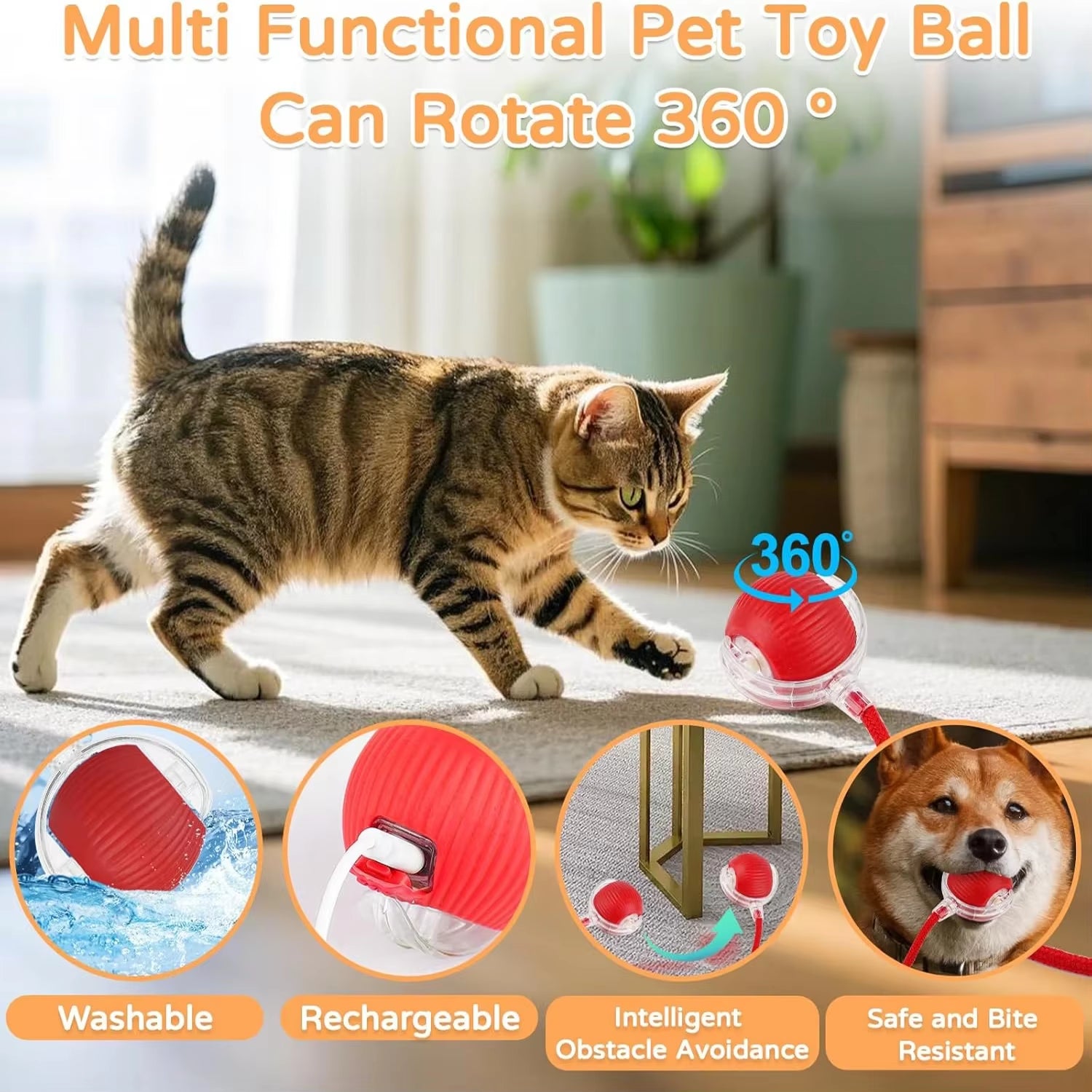 Cat Interactive Ball Toy Automatic Rolling Ball Faux Tail Rechargeable Smart Pet Electric Toy Pet Training Imitate Mouse